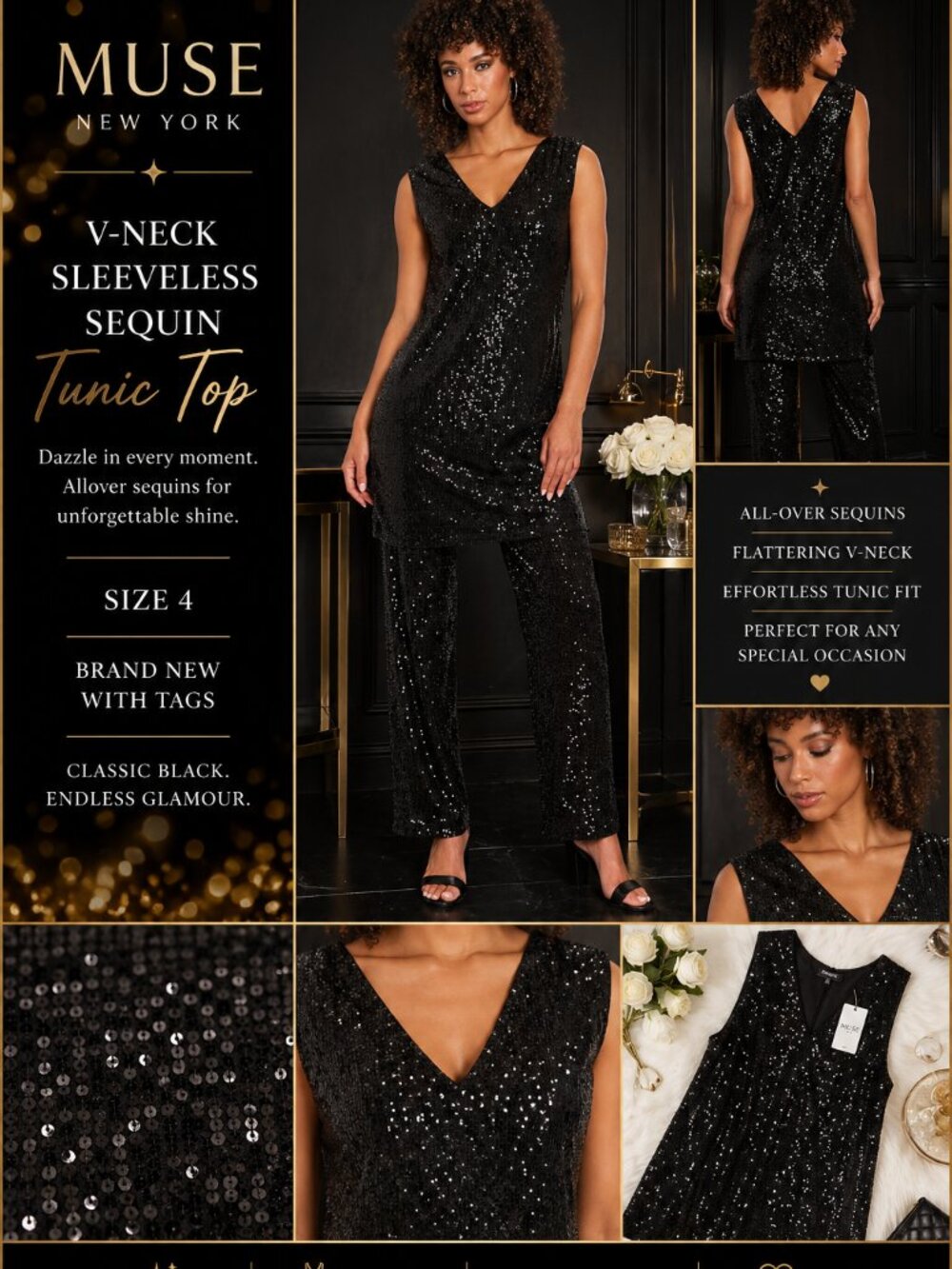 Muse Black Sequin Tunic Top 4 NWT V Neck Sleeveless Party Glam